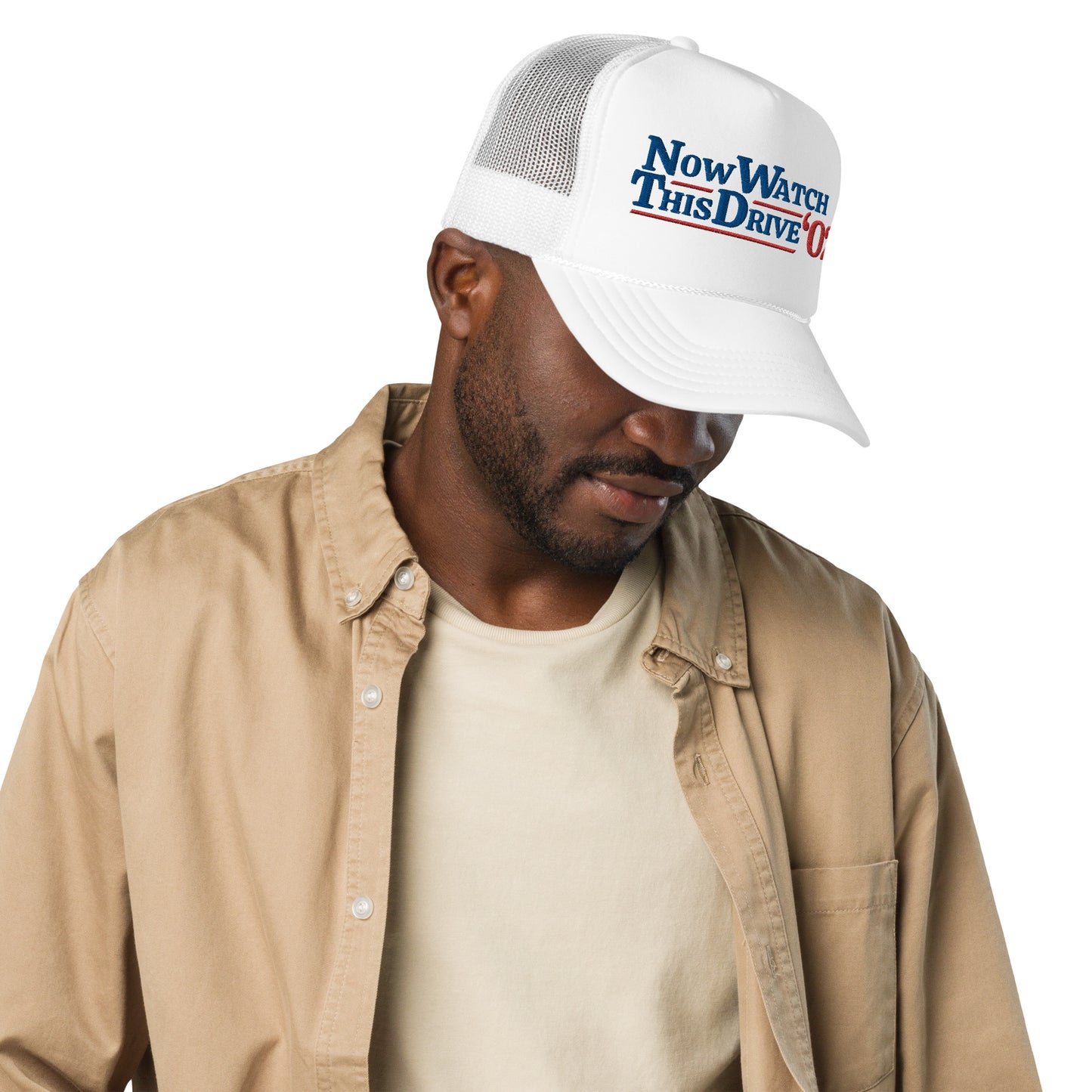 Now Watch This Drive - White Trucker Hat (Foam)